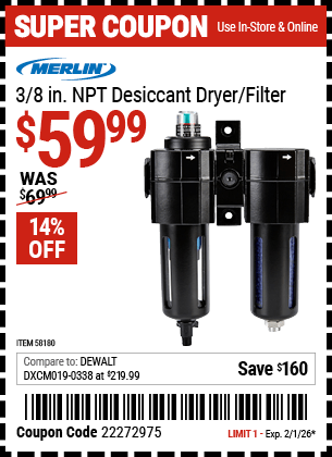 Harbor Freight Coupons, HF Coupons, 20% off - 3/8 in. NPT(F) Desiccant Dryer and Filter