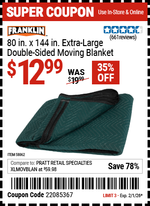Harbor Freight Coupons, HF Coupons, 20% off - 80 in. x 144 in. Extra Large Double-Sided Moving Blanket