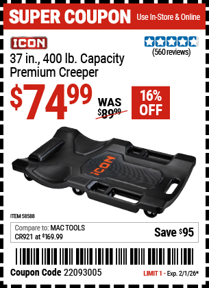 Harbor Freight Coupons, HF Coupons, 20% off - ICON 37 in. 400 lb. Capacity Premium Creeper for $74.99