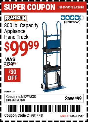 Harbor Freight Coupons, HF Coupons, 20% off - FRANKLIN 800 lb. Capacity Appliance Hand Truck for $99.99