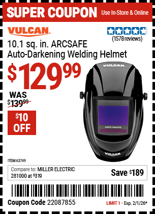Harbor Freight Coupons, HF Coupons, 20% off - Vulcan Arcsafe Auto-darkening Welding Helmet