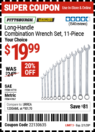 Harbor Freight Coupons, HF Coupons, 20% off - 11 Piece Fully Polished Long Handle Combination Wrench Sets