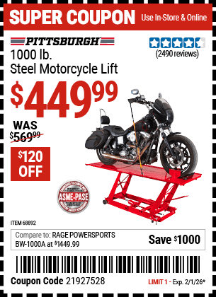 Harbor Freight Coupons, HF Coupons, 20% off - 1000 Lb. Capacity Motorcycle Lift