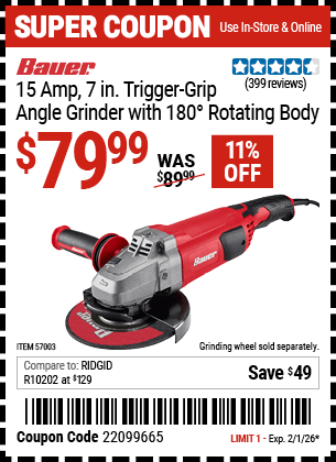 Harbor Freight Coupons, HF Coupons, 20% off - 15  Amp 7 in.  Trigger Grip Angle Grinder with 180� Rotating Body