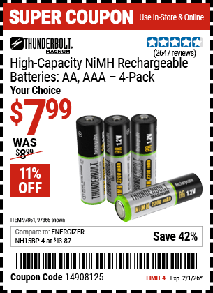 Harbor Freight Coupons, HF Coupons, 20% off - High Capacity Nimh Rechargeable Batteries (aa/aaa Pack Of 4, C/d Pack Of 2, 9v Pack Of 1)