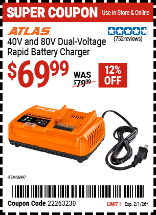 Harbor Freight Coupons, HF Coupons, 20% off - 40v and 80v Dual Voltage Rapid Battery Charger