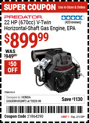 Harbor Freight Coupons, HF Coupons, 20% off - 22 Hp V-twin Gas Engines - 670 Cc Horizontal Shaft Or 708 Cc Vertical Shaft