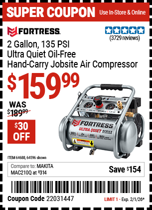 Harbor Freight Coupons, HF Coupons, 20% off - Fortress 2 Gallon, 1.2 Hp, 135 Psi Ultra-quiet, Oil-free Professional Air Compressor