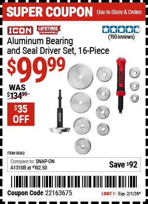 Harbor Freight Coupons, HF Coupons, 20% off - ICON Aluminum Bearing and Seal Driver Set for $89.99