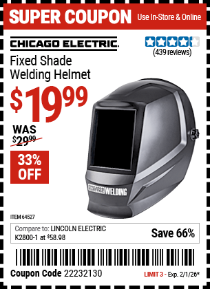 Harbor Freight Coupons, HF Coupons, 20% off - Chicago Electric Fixed Shade Welding Helmet