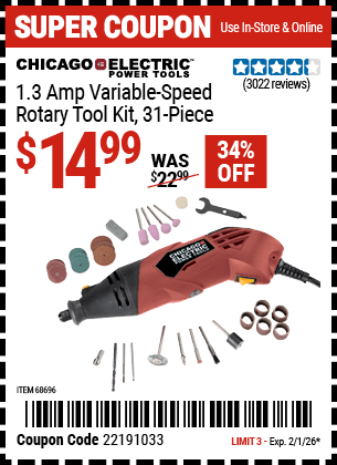 Harbor Freight Coupons, HF Coupons, 20% off - 31 Piece Heavy Duty Variable Speed Rotary Tool Kit