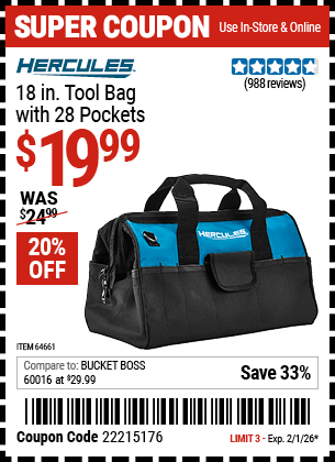 Harbor Freight Coupons, HF Coupons, 20% off - Hercules 18