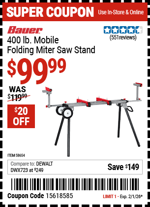 Harbor Freight Coupons, HF Coupons, 20% off - BAUER 400 lb. Mobile Folding Miter Saw Stand for $99.99
