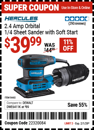 Harbor Freight Coupons, HF Coupons, 20% off - 2.4 Amp Corded 1/4 Sheet Palm Finishing Sander