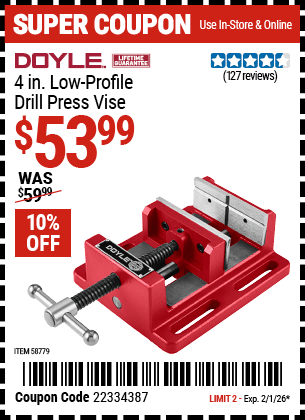 Harbor Freight Coupons, HF Coupons, 20% off - DOYLE 4 in. Low-Profile Drill Press Vise 