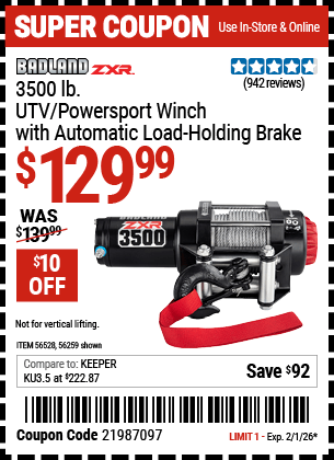 Harbor Freight Coupons, HF Coupons, 20% off - BADLAND ZXR 2500 LB. ATV/Utility Electric Winch with Wireless Remote Control