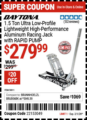 Harbor Freight Coupons, HF Coupons, 20% off - DAYTONA 1.5 ton Ultra Low Profile High Performance Aluminum Racing Jack with RAPID PUMP for $259.99