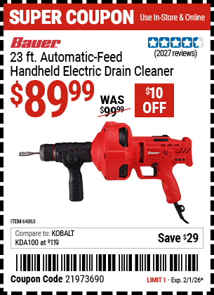Harbor Freight Coupons, HF Coupons, 20% off - Bauer 23 Ft Auto Feed Handheld Electric Drain Cleaner
