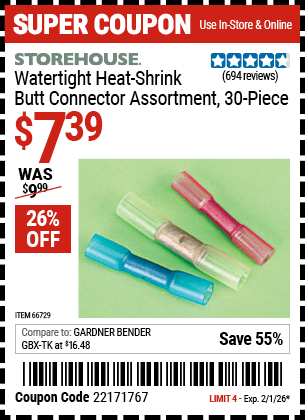 Harbor Freight Coupons, HF Coupons, 20% off - 30 Piece Watertight Heat-shrink Butt Connector Assortment