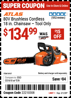 Harbor Freight Coupons, HF Coupons, 20% off - ATLAS 80v Lithium-Ion Cordless 18 in. Brushless Chainsaw 