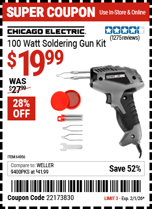 Harbor Freight Coupons, HF Coupons, 20% off - Chicago Electric Welding 100 Watt Soldering Gun Kit