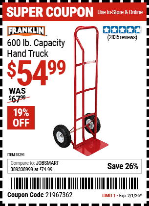 Harbor Freight Coupons, HF Coupons, 20% off - FRANKLIN 600 lb. Capacity Hand Truck for $54.99