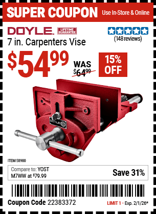Harbor Freight Coupons, HF Coupons, 20% off - DOYLE 7 in. Carpenters Vise for $59.99
