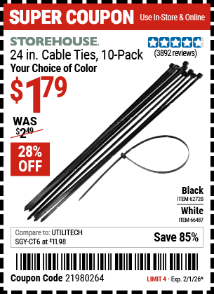 Harbor Freight Coupons, HF Coupons, 20% off - 24 in. Cable Ties 10 Pk.