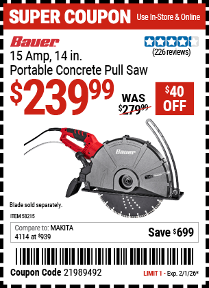 Harbor Freight Coupons, HF Coupons, 20% off - BAUER 15 Amp, 14 in. Portable Concrete Pull Saw for $229.99