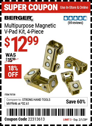 Harbor Freight Coupons, HF Coupons, 20% off - BERGER Multipurpose Magnetic V-Pad Kit, 4-Piece for $7.99