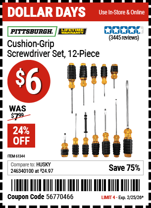 Harbor Freight Coupons, HF Coupons, 20% off - 12 Piece Cushion Grip Screwdriver Set
