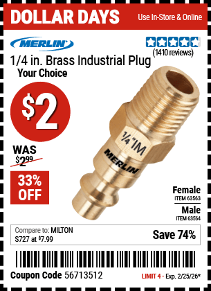 Harbor Freight Coupons, HF Coupons, 20% off - MERLIN 1/4 in. Brass Industrial Plug for $1.94