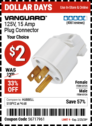 Harbor Freight Coupons, HF Coupons, 20% off - 125 Volt, 15 Amp Male Or Female Connector