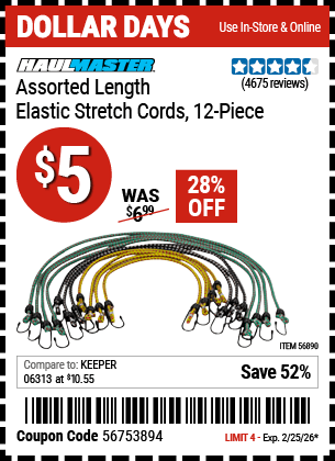 Harbor Freight Coupons, HF Coupons, 20% off - HAUL-MASTER Assorted Length Elastic Stretch Cords 12 Pc. for $3.99