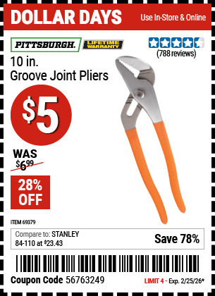 Harbor Freight Coupons, HF Coupons, 20% off - 10 in. Groove Joint Pliers