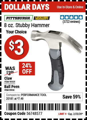 Harbor Freight Coupons, HF Coupons, 20% off - 8 Oz. Stubby Hammers