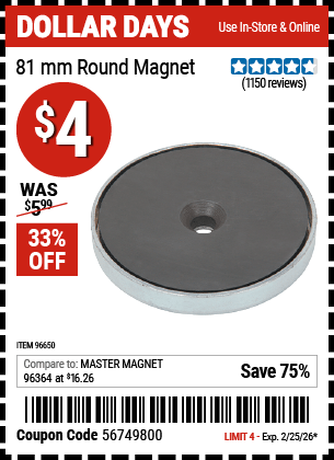Harbor Freight Coupons, HF Coupons, 20% off - 81mm Round Magnet