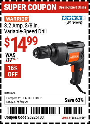 Harbor Freight Coupons, HF Coupons, 20% off - WARRIOR 3.2 Amp 3/8 in. Variable Speed Drill 