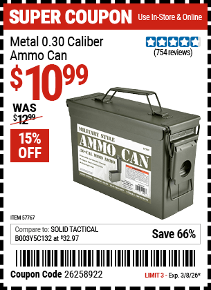 Harbor Freight Coupons, HF Coupons, 20% off - Metal 0.30 Caliber Ammo Can
