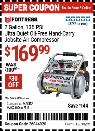 Harbor Freight Coupons, HF Coupons, 20% off - Fortress 2 Gallon, 1.2 Hp, 135 Psi Ultra-quiet, Oil-free Professional Air Compressor