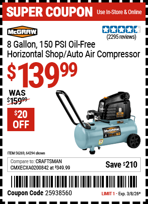 Harbor Freight Coupons, HF Coupons, 20% off - Mcgraw 150 Psi, 8 Gallon, 1.5 Hp Horizontal Compressor