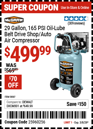 Harbor Freight Coupons, HF Coupons, 20% off - MCGRAW 29 gallon, 1.8 HP, 165 PSI Oil-Lube Vertical Air Compressor for $499.99