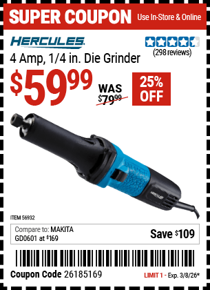 Harbor Freight Coupons, HF Coupons, 20% off - HERCULES 4 Amp � 1/4 in. Die Grinder for $59.99