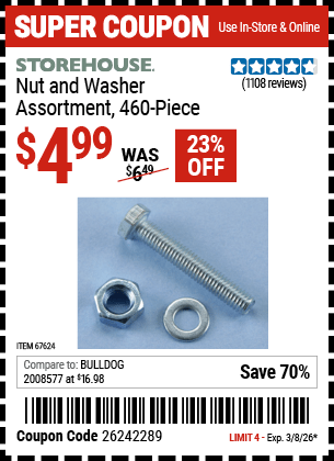 Harbor Freight Coupons, HF Coupons, 20% off - 460 Piece Nut And Washer Assortment