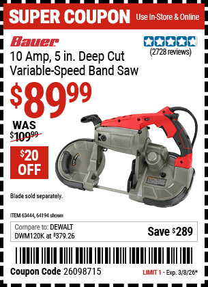 Harbor Freight Coupons, HF Coupons, 20% off - 10 Amp Deep Cut Variable Speed Band Saw Kit