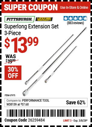 Harbor Freight Coupons, HF Coupons, 20% off - 3 Piece Super-long Extension Set