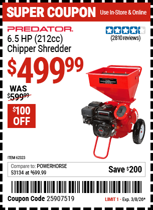 Harbor Freight Coupons, HF Coupons, 20% off - Chipper/shredder With 6.5 Hp Gas Engine (212 Cc)