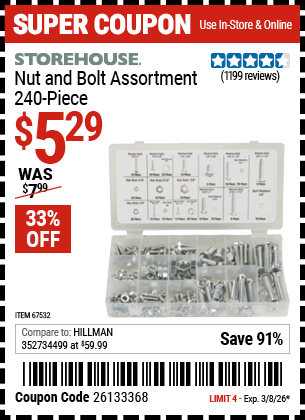 Harbor Freight Coupons, HF Coupons, 20% off - 240 Piece Nut And Bolt Assortment