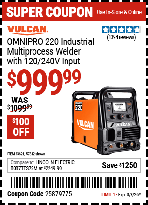 Harbor Freight Coupons, HF Coupons, 20% off - Vulcan Omnipro 220 Multiprocess Welder With 120/240 Volt Input