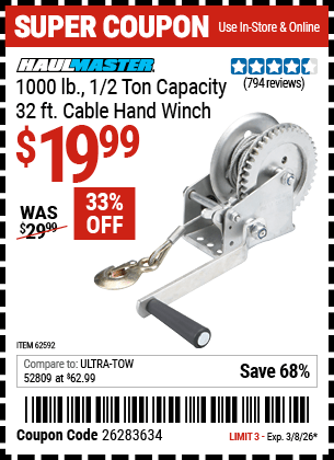 Harbor Freight Coupons, HF Coupons, 20% off - 1/2 Ton Capacity Hand Winch